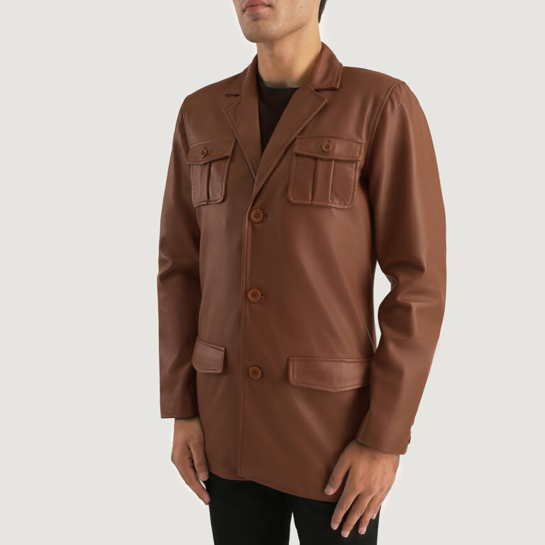Mens Ray Cutler Brown Leather Blazer Side Pose-3-1701087884633